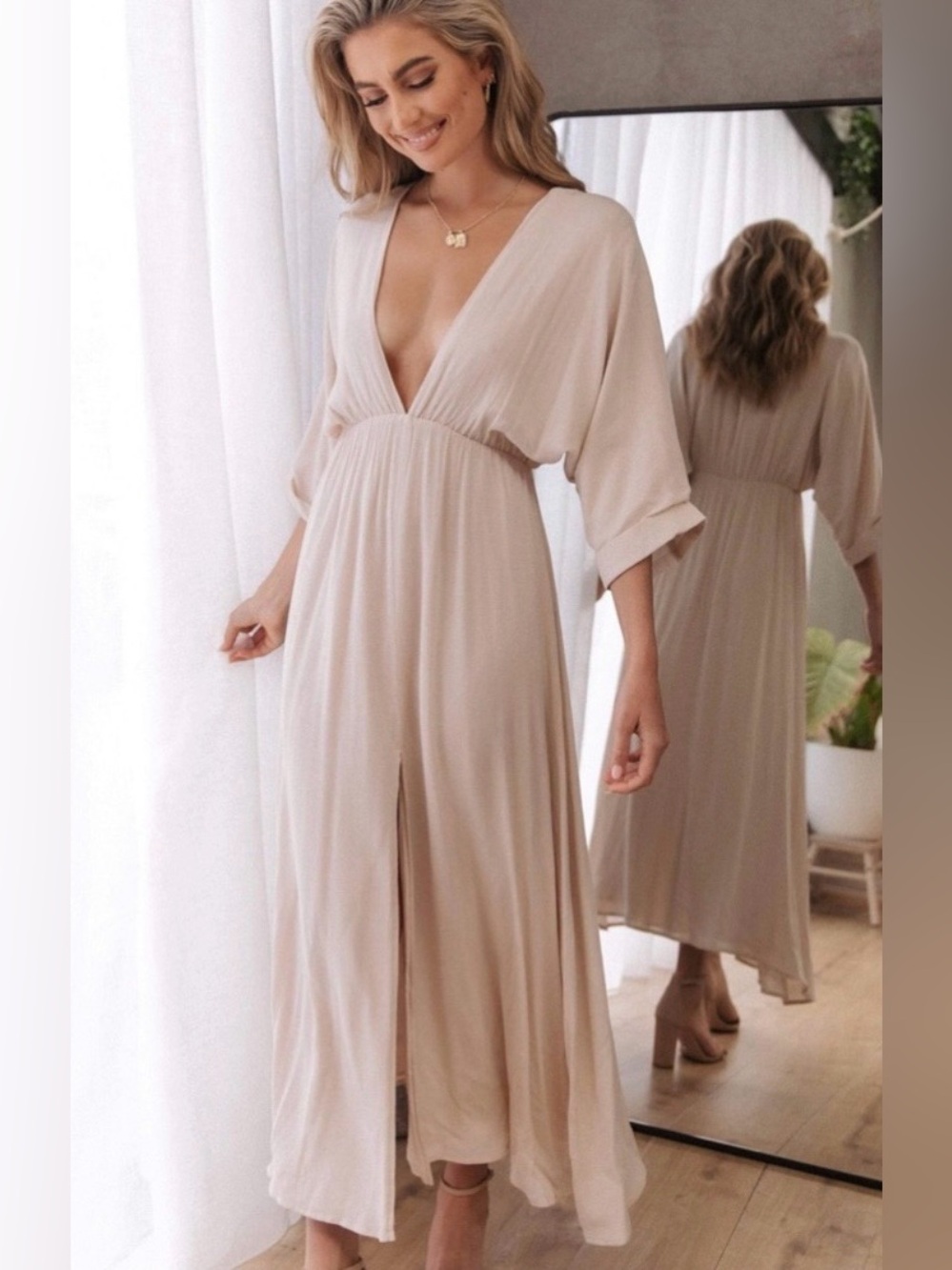 Elegant Deep V-Neck Maxi Dress in Light Beige